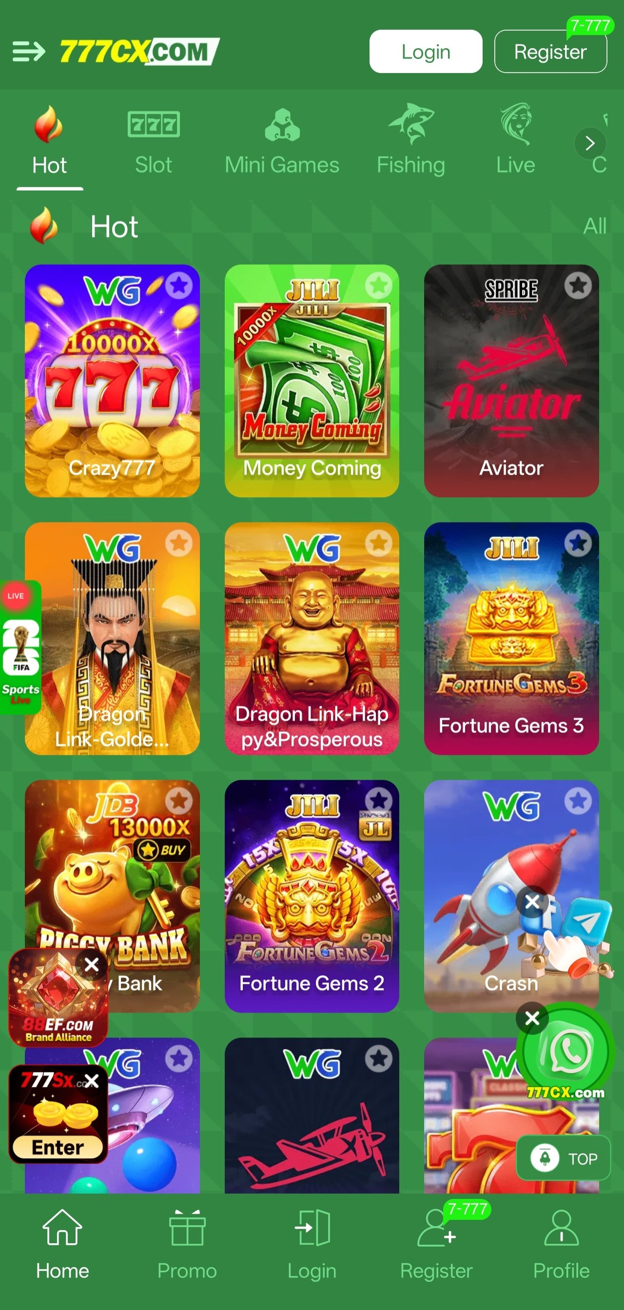 777cx game app lobby with popular slot games